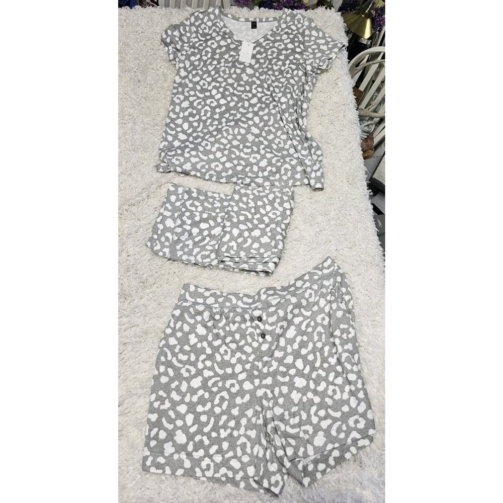 32 Degrees Cool Womens 3 Pc Pajama Set M Medium Gray Leopard Shorts Joggers Top